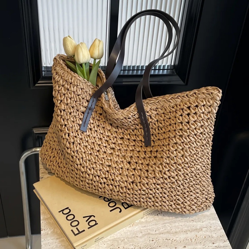 Urban Outfitters Woven Straw Tote with Dark Brown Handles